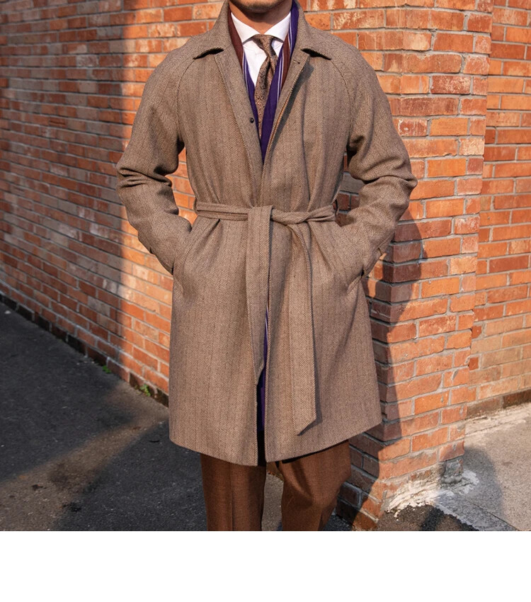 Men's Winter Long Coat Tweed Wool Balmaccan Style Long Slim Fit
