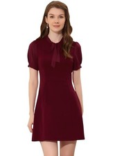 Allegra K Women s Bow Tie Keyhole Neck Puff Sleeve Elegant Work Dress Burgundy 8