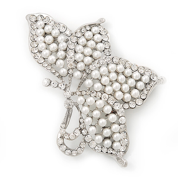 Large White Faux Pearl Diamante 'Butterfly' Brooch In Silver Plating - 8.5cm