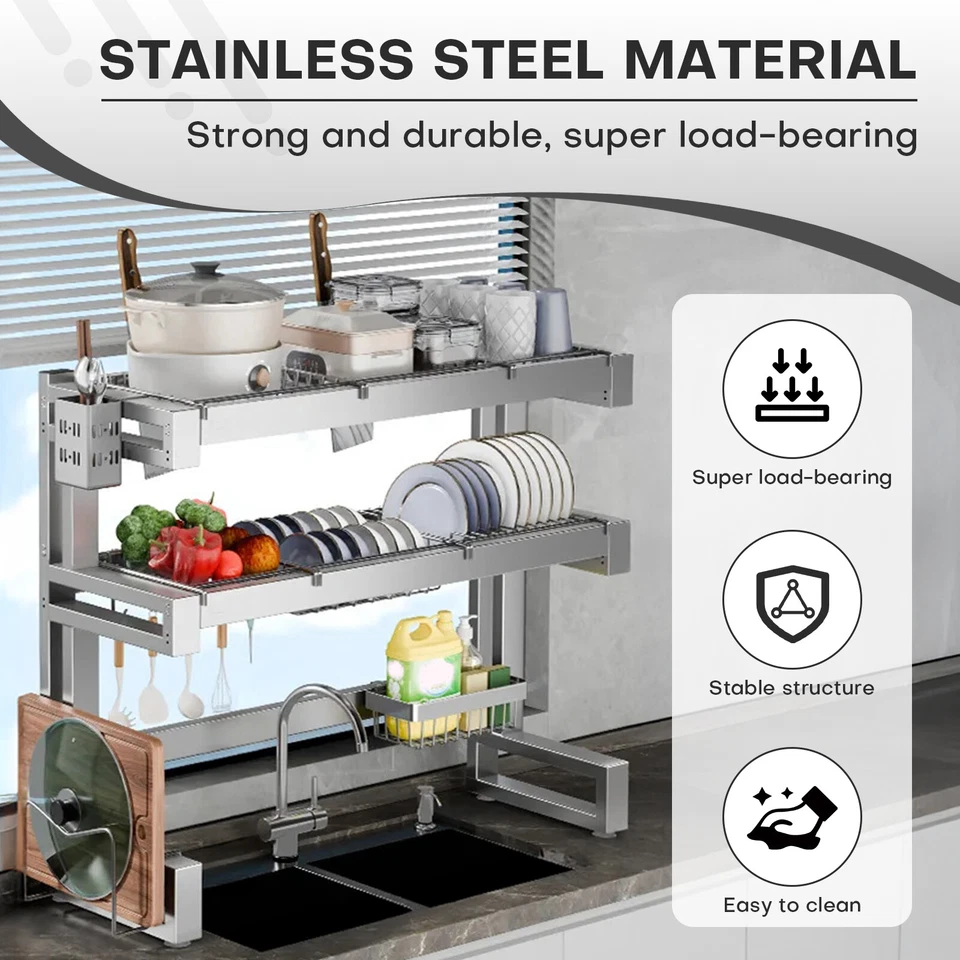 Estante de secado de platos grande de acero inoxidable para cocina de 3 niveles sobre el fregadero Foto 3 de 4