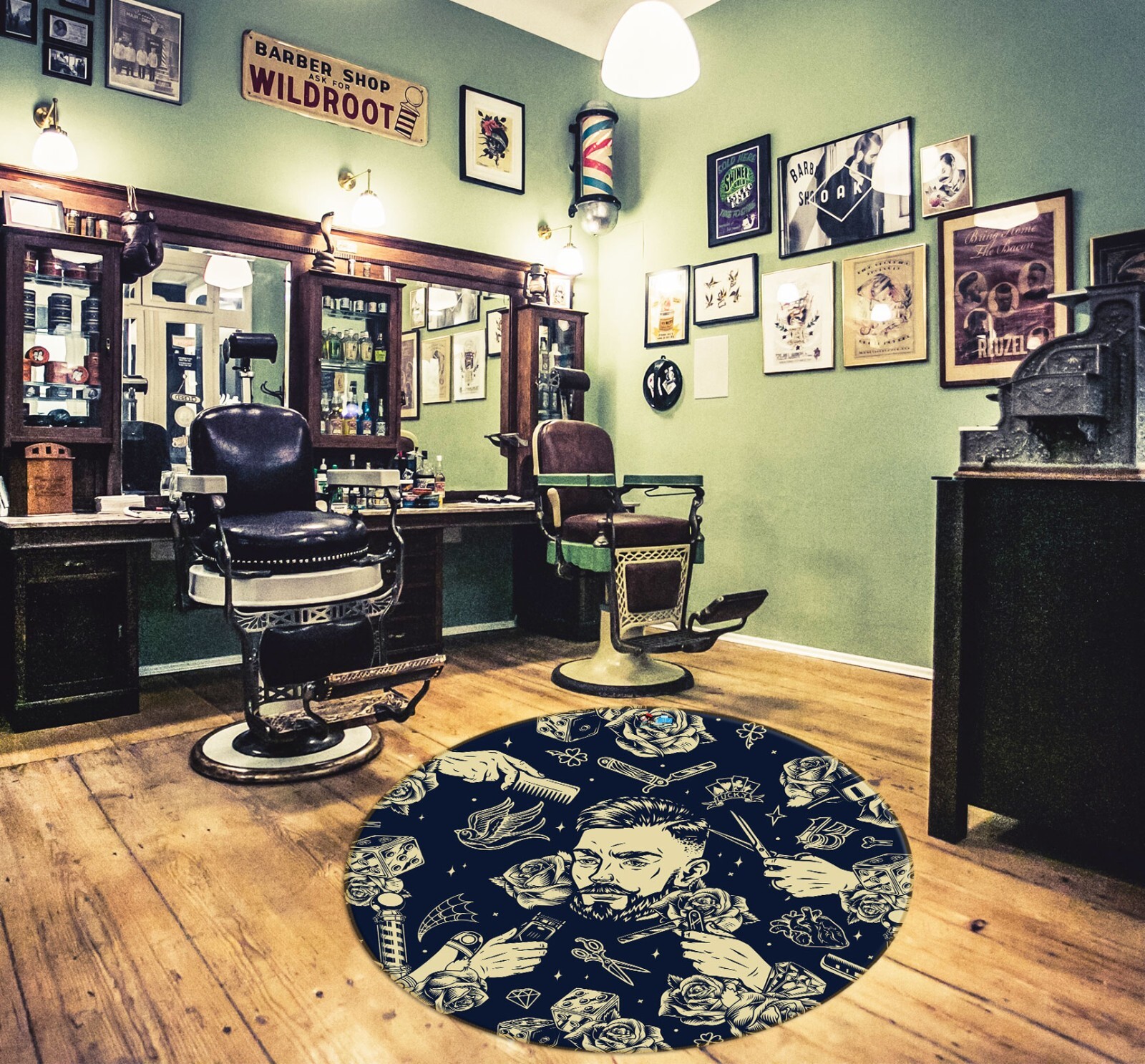 3D Rose Barber Shop Non-Slip Round Rug Elegant Photo Carpet for Floors