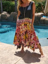 Maya Antonia PLUS SIZE Tie-Dye Black-Yellow-Pink Flowy, Handkerchief Maxi Dress