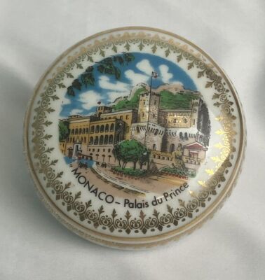 Vintage Limoges France Porcelain Monaco Palais du Prince Trinket Box 3'' Round