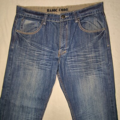 Basic Code Jeans Mens 38x32 Blue Denim Embroidered Flap Pockets Skater Y2K