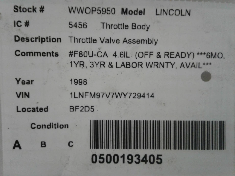 Used Fuel Injection Throttle Body fits: 1998  Lincoln continental Throttl Foto 4 de 4