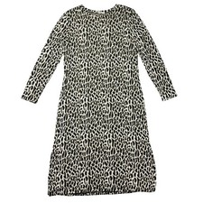 LOFT Dress Women's Large Tan Midi Animal Print Long Sleeve Stretch Scoop Neck