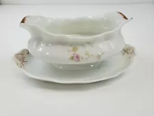O.P.CO. Syracuse China Pink Flowers with Gold Trim Gravy Boat