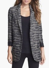 Vintage Women Black Tweed Blazer Jacket M Open Front Career Office Occasion