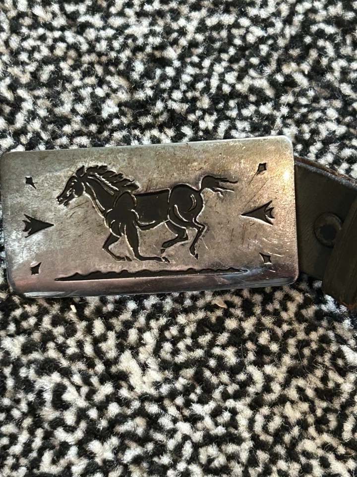 Vintage Chambers Western Belt Buckle black horse and sears leather kids belt - Image 2 of 4