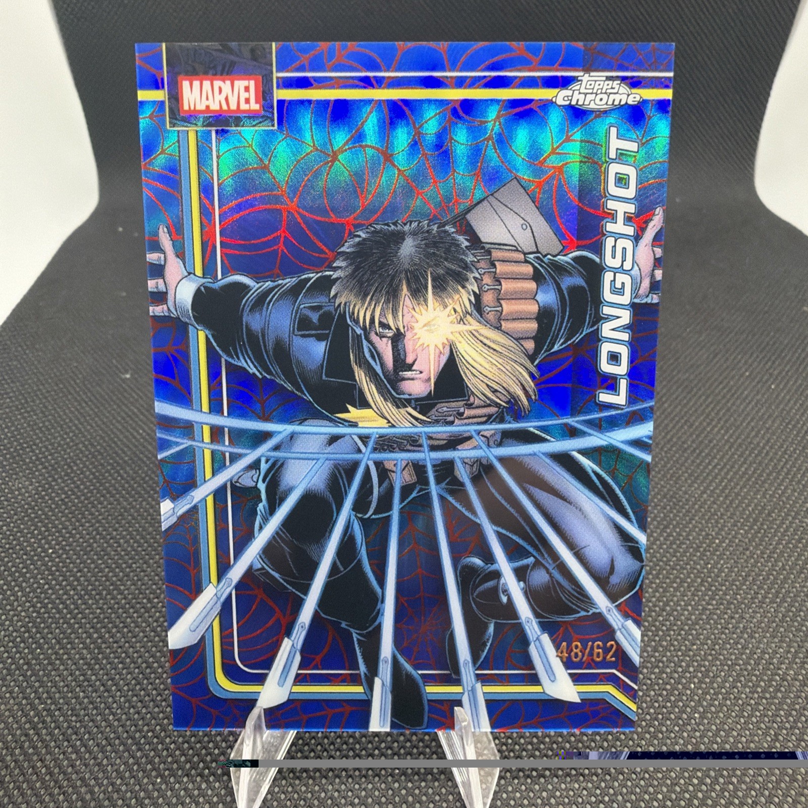 2026 Topps Chrome Marvel Longshot 071 / 62 Blue Red Spider Web Refractor
