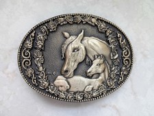 Vintage "First Edition" Solid Brass Western Belt Buckle - Horse Mare  Foal