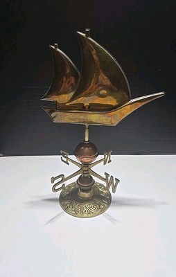 COPPER BRASS SAILBOAT WEATHERVANE W/ STAND NAUTICAL DESK GARDEN DECOR VTG 12'' 
