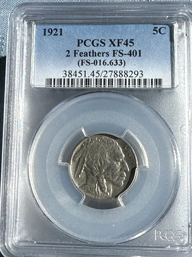 1921 2 Feather's buffalo nickel PCGS XF45. FS-401