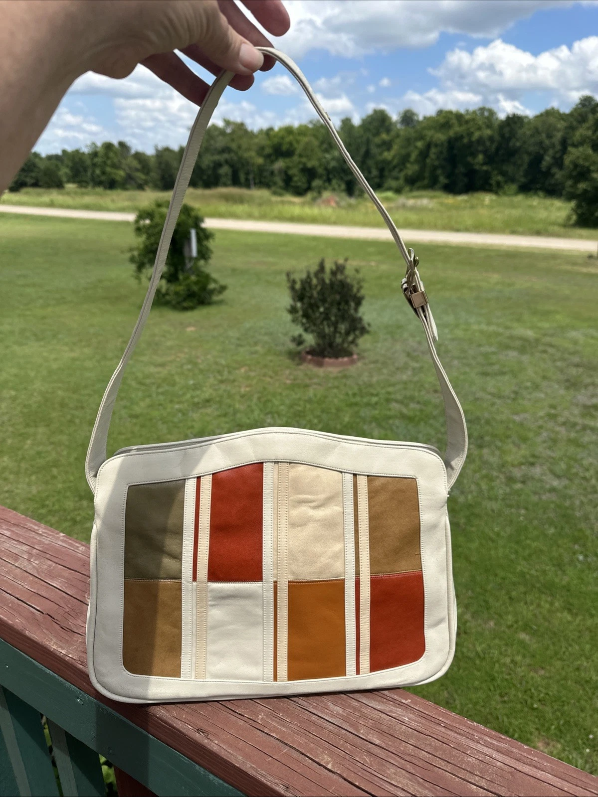 Vintage Cream/White Color Block Patchwork Tote Bag Purse Handbag