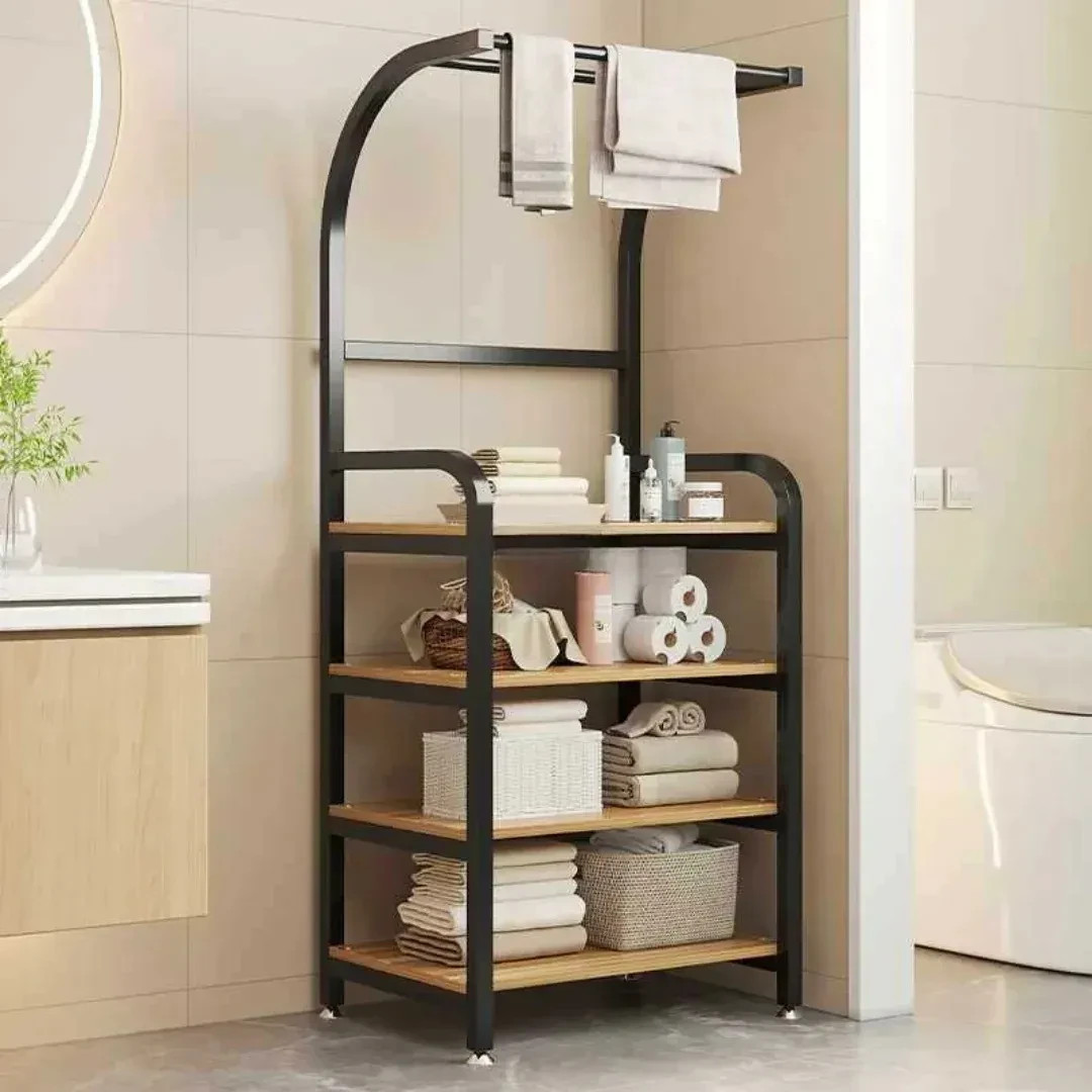 4-Tier Wooden Shelf Kitchen Bathroom Towel Organizer Brown
