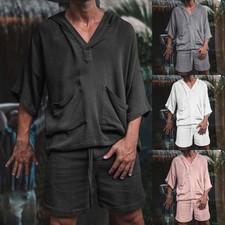 Mens Cotton Linen 2-Piece Sets Short Sleeve T Shirts Shorts Holiday Outfit Set