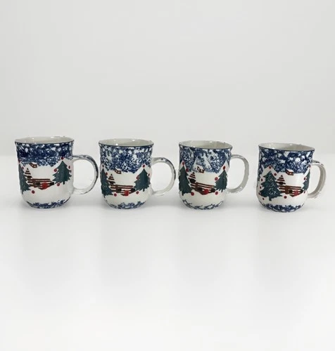 Set of 4 Coffee Mugs Folk Craft Tienshan Cabin in The Snow Cups Christmas Blue