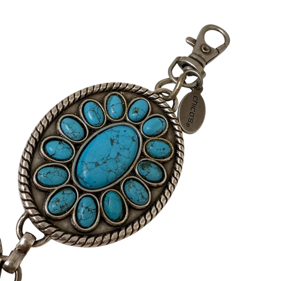 Cinturón de eslabones Chico imitación turquesa medallón cadena plateada oeste suroeste Foto 4 de 4