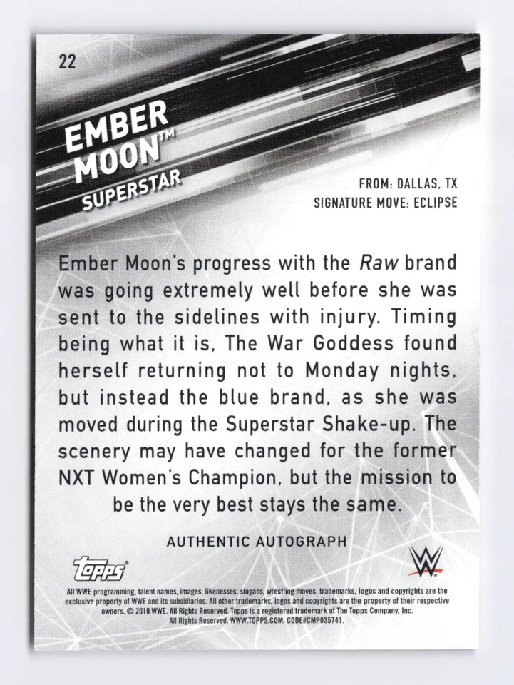 2019 Topps WWE SmackDown Live /10  AUTO #22 EMBER MOON Wrestling Sport Card - Image 2 of 3