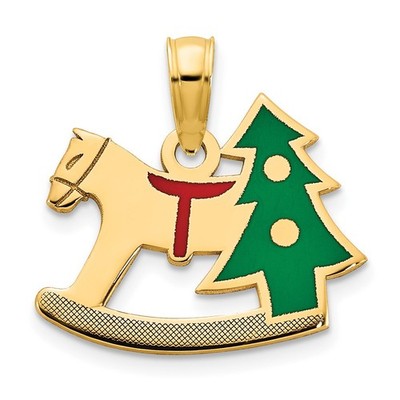 14k Gelbgold Epoxid Schaukelpferd mit Weihnachtsbaum Form Charm Anhänger