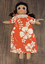 Vintage Hattie cloth doll Made In Hawaii . Orange dress floral