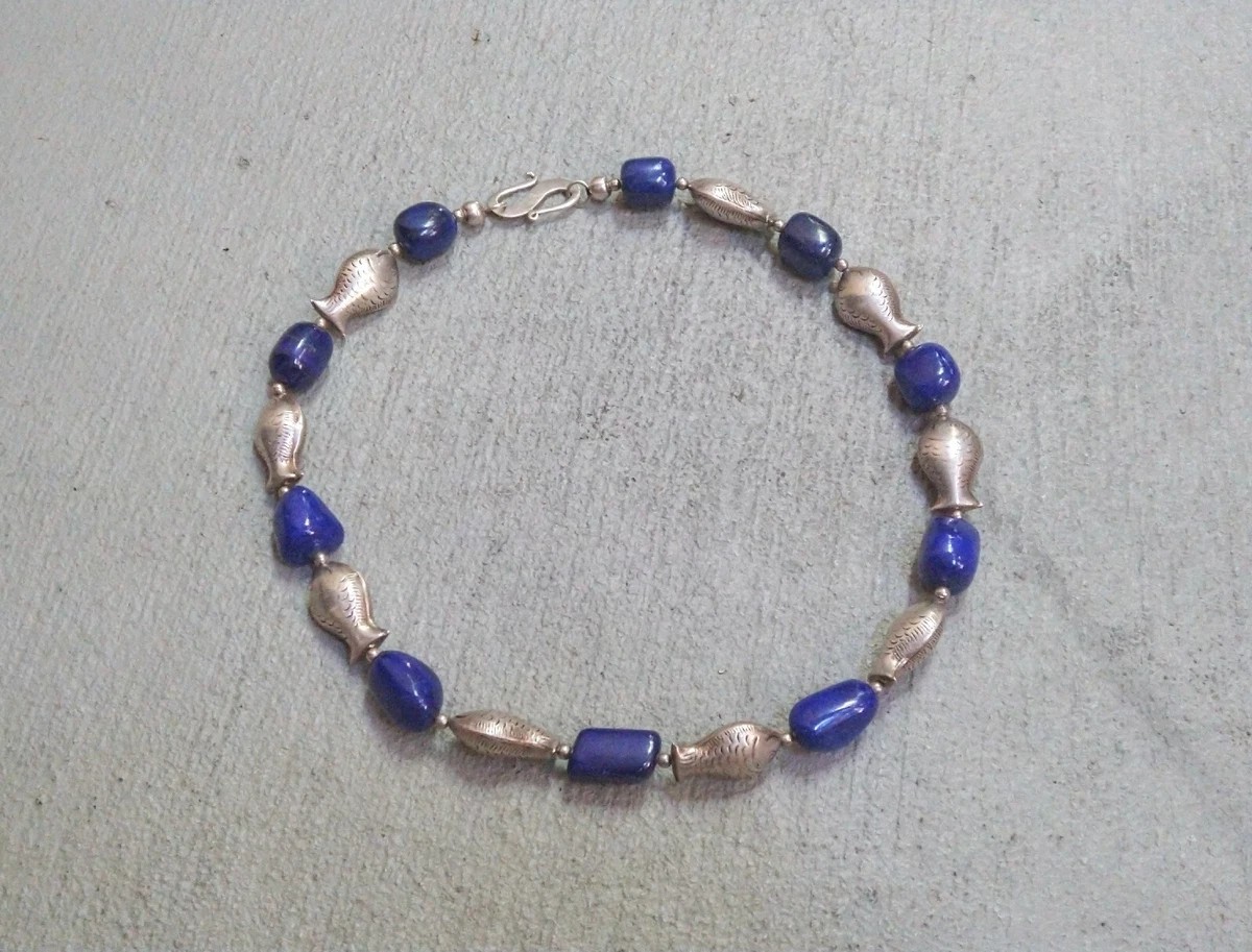Vintage Sterling Silver Lapis Lazuli Fish Necklace Beaded Pisces