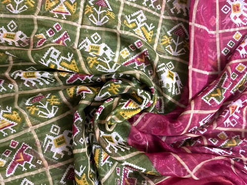 Green Patola Printed Sewing Saree Cotton Dress Material Vintage Sari Women Wrap