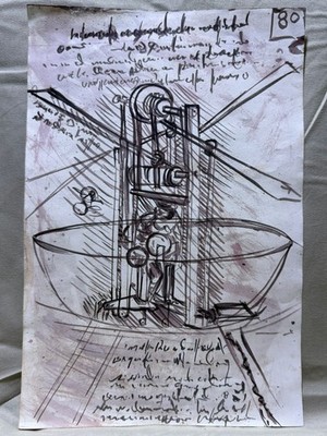 LEONARDO DA VINCI  drawing and painting on old paper signed stamped vintage
