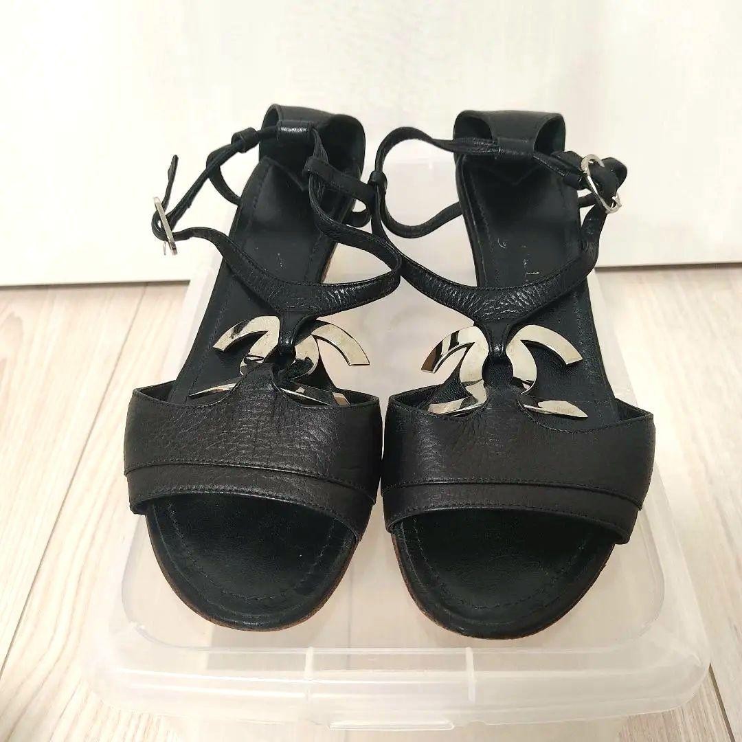 CHANEL Sandals Shoes Cocomark EU 36.5 US 6.5 Leather Black Authentic