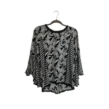 Solitaire by Ravi Khosla Floral Bell Sleeve Split Back Black White Top Womens M