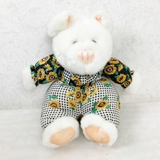 Vintage Taiwan Plush Pig Stuffed Animal Sunflowers Overalls Boho Farmhouse