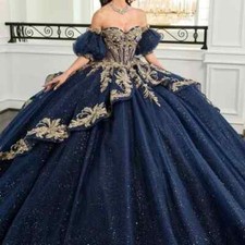 Navy Blue Quinceanera Dresses Gold Appliques Pearls Prom Ball Gowns Sweet 15 16
