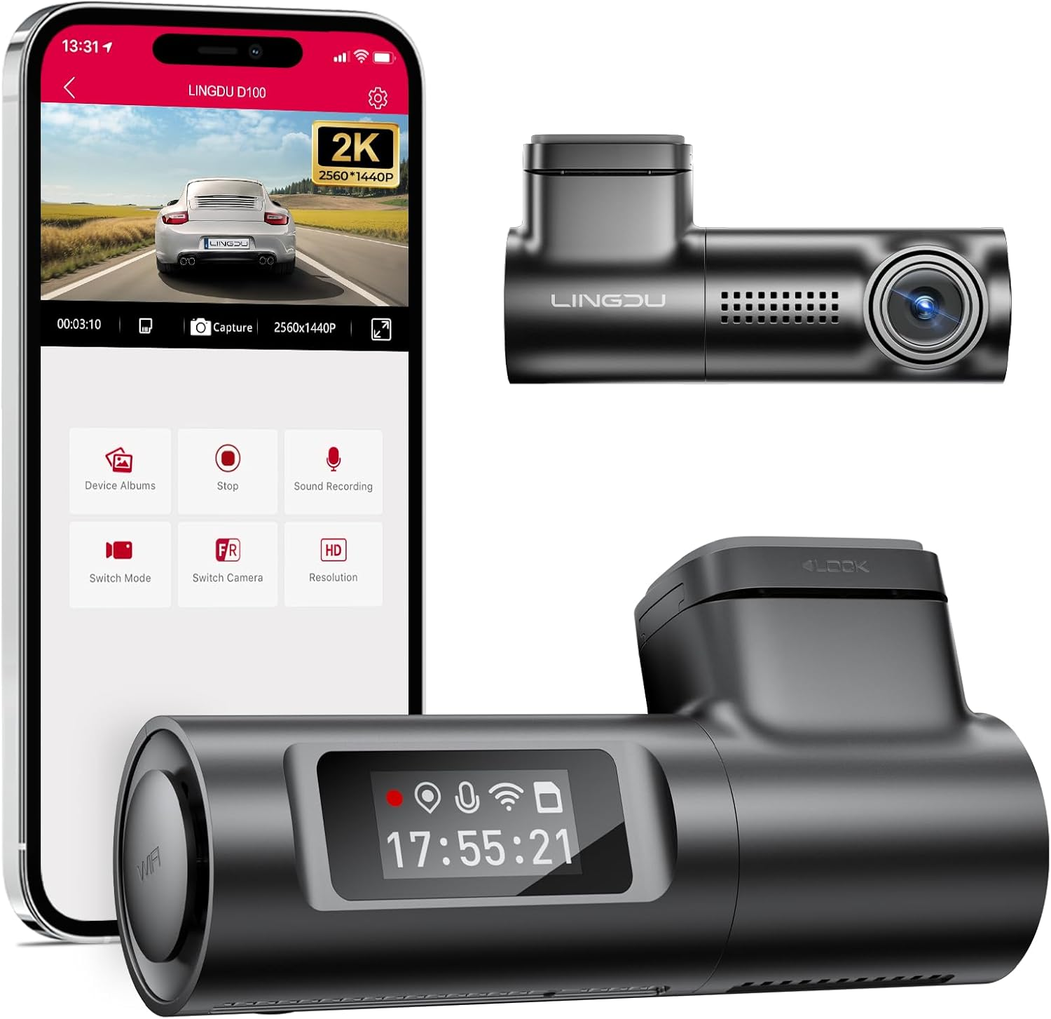 D100 2.5K Wifi Dash Cam with Voice Control, WDR, and 24H Recording