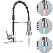 LED Brushed Nickel Spring Kitchen Sink Faucet Pull Down Swivel Sprayer W/Cover
