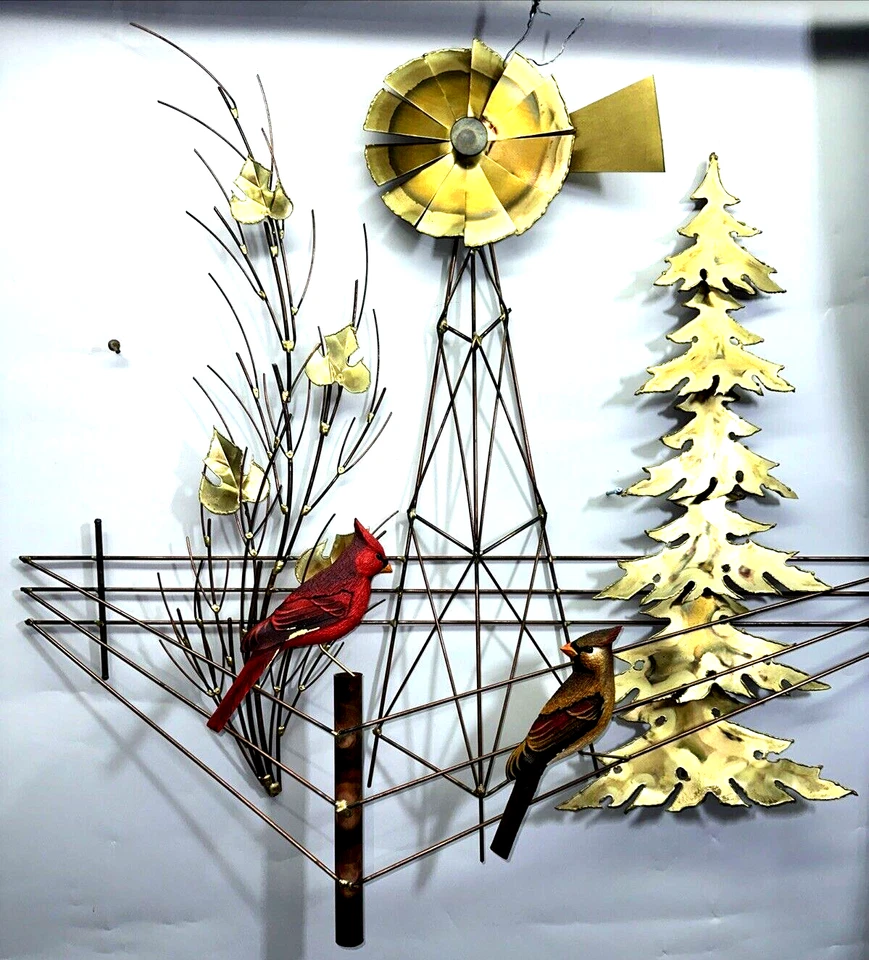 Vintage Brutalist Curtis Jere Style Metal NATURE Sculpture w/wood Birds 30"x28" - Image 2 of 4