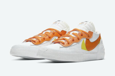 Nike Blazer Low Sacai Athletic Shoes - White, Orange, Yellow Nike Blazer Low sacai White Magma Orange – YankeeKicks Online main image 3
