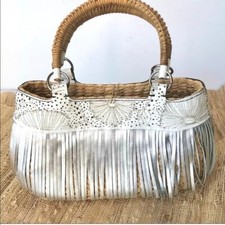 Rare Serpui Marie Woven Wicker And Leather Fringe Bag With Floral Detail