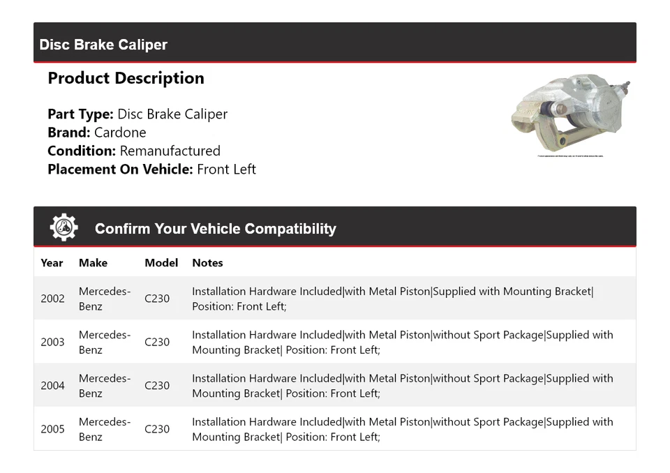 Pinza de freno de disco delantera izquierda cardone 2003 2004 para Mercedes-Benz C230 2002-2005 Foto 2 de 4
