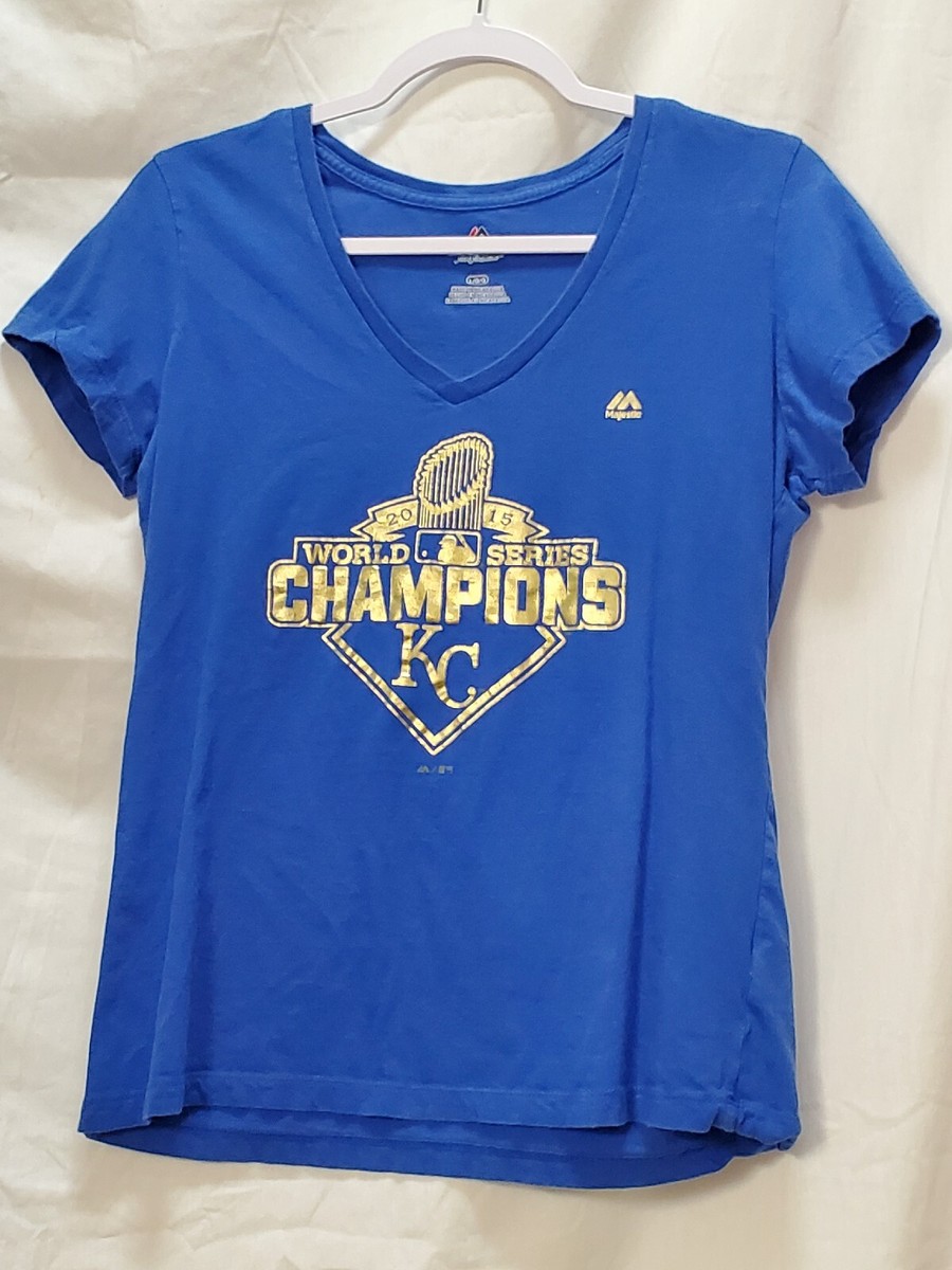 Majestic Women's V Neck T Shirt Top Sz L MLB Blue Baseball KC