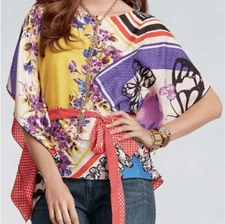 New Cabi Silk Butterfly Belted Kimono Top Blouse Size Small Wearable Art #345
