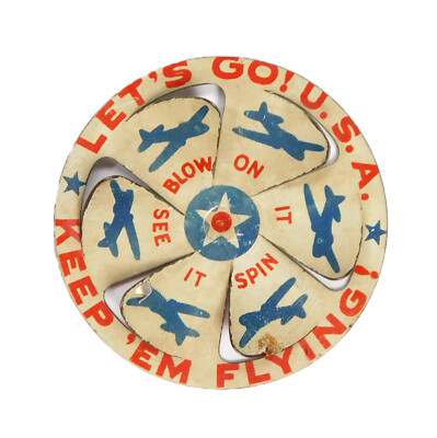 1944 CRACKER JACK PRIZE ~ LET'S GO U.S.A. ~ KEEP 'EM FLYING! ~ SPINNER TIN PLANE