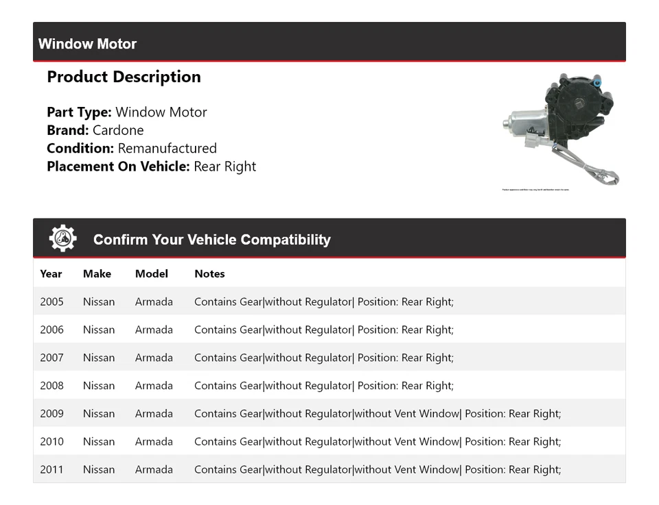 Motor ventana trasera derecha cardone 2006 2007 2008 2009 Nissan Armada 2005-2011 Foto 2 de 4