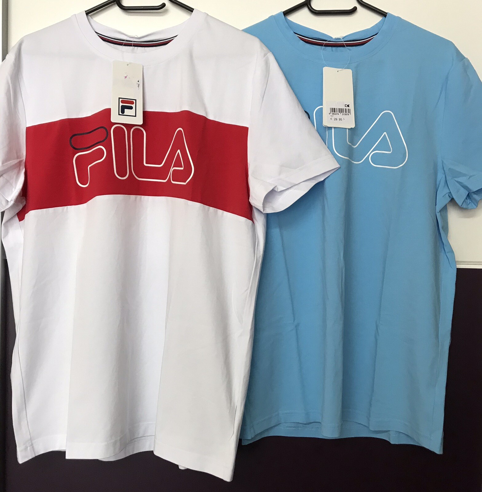 2x FILA Original T Shirt Uomo Rudi & Reggie Peacoat Bianco Rosso Blu Nuovo
