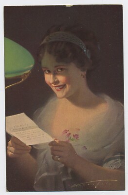 A Young Beauty Reading Love Letter by Lamplight Vintage Postcard M3