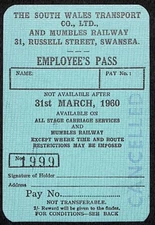 1960 South Wales Transport / Mumbles Railway Unused Employee's Pass VGC