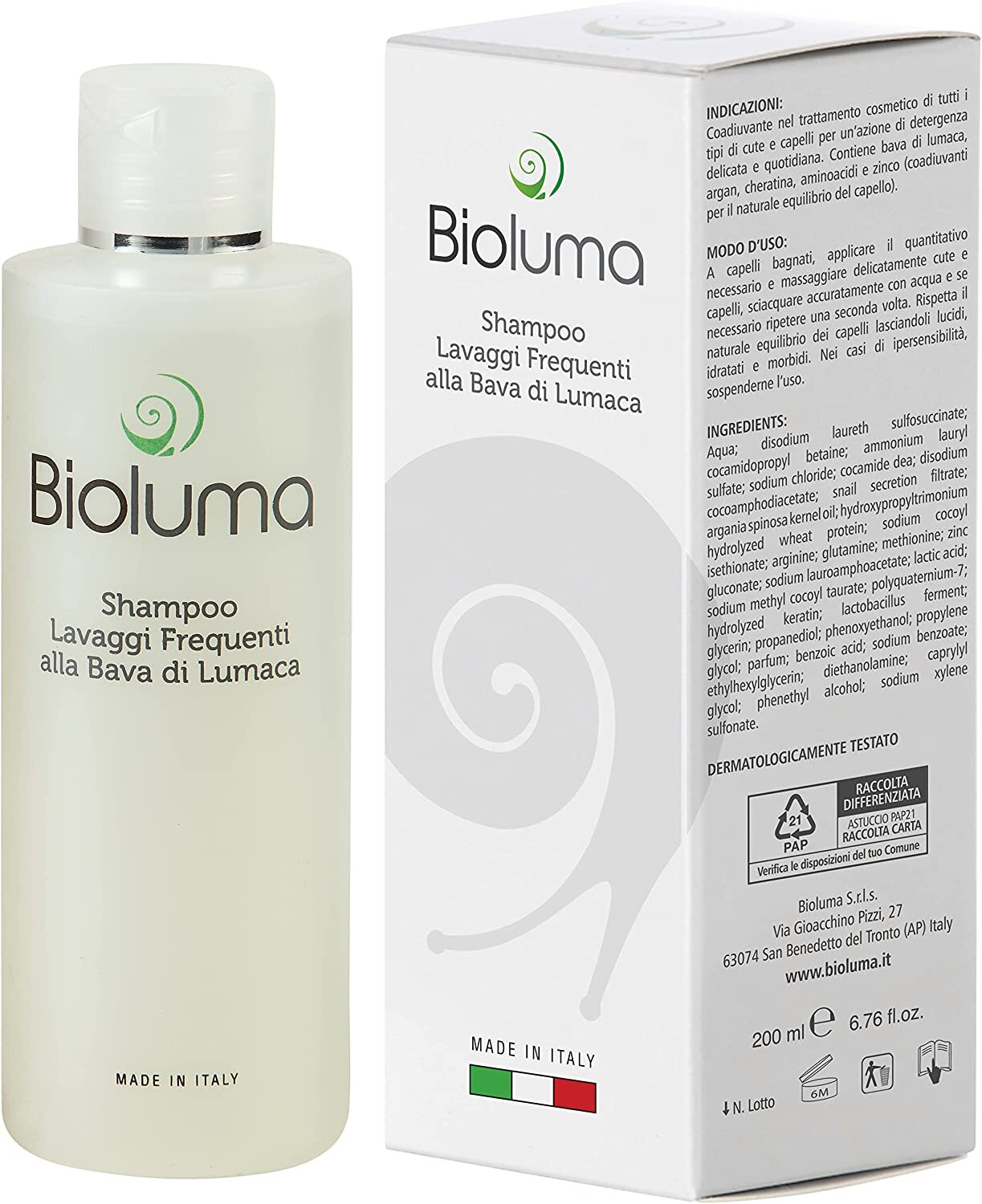 Bioluma Shampoo alla Bava di Lumaca 200ml Lavaggi Frequenti con Cheratina Unisex