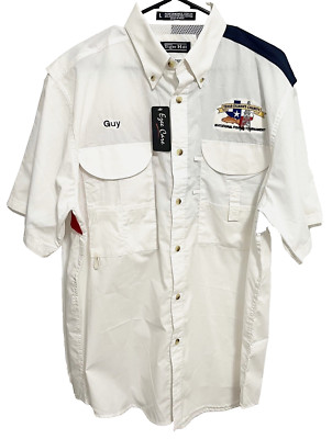 TEXAS OILMAN'S Charity Men White Button Vented Fishing Shirt L Tiger Hill NEW