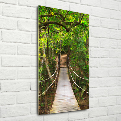 Wandbild Kunst-Druck auf Hart-Glas hochkant 70x140 Hängebrücke im Wald