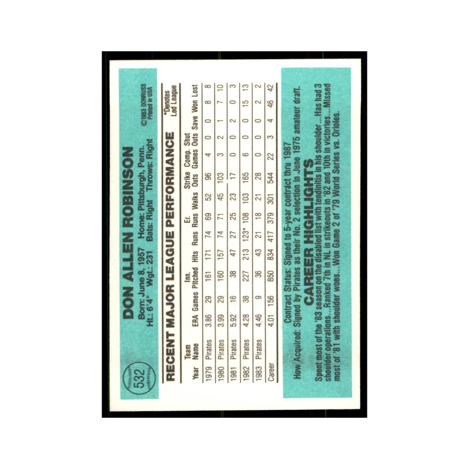 Don Robinson 1984 Donruss #532 Pittsburgh Pirates Baseball Card NM - Image 2 of 3