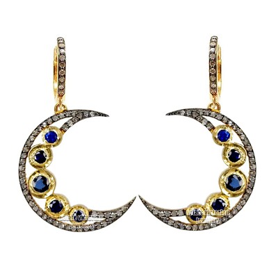 Vintage Style 1.70ctw Rose Diamond Sapphire Silver Gorgeous Moon Earring Jewelry